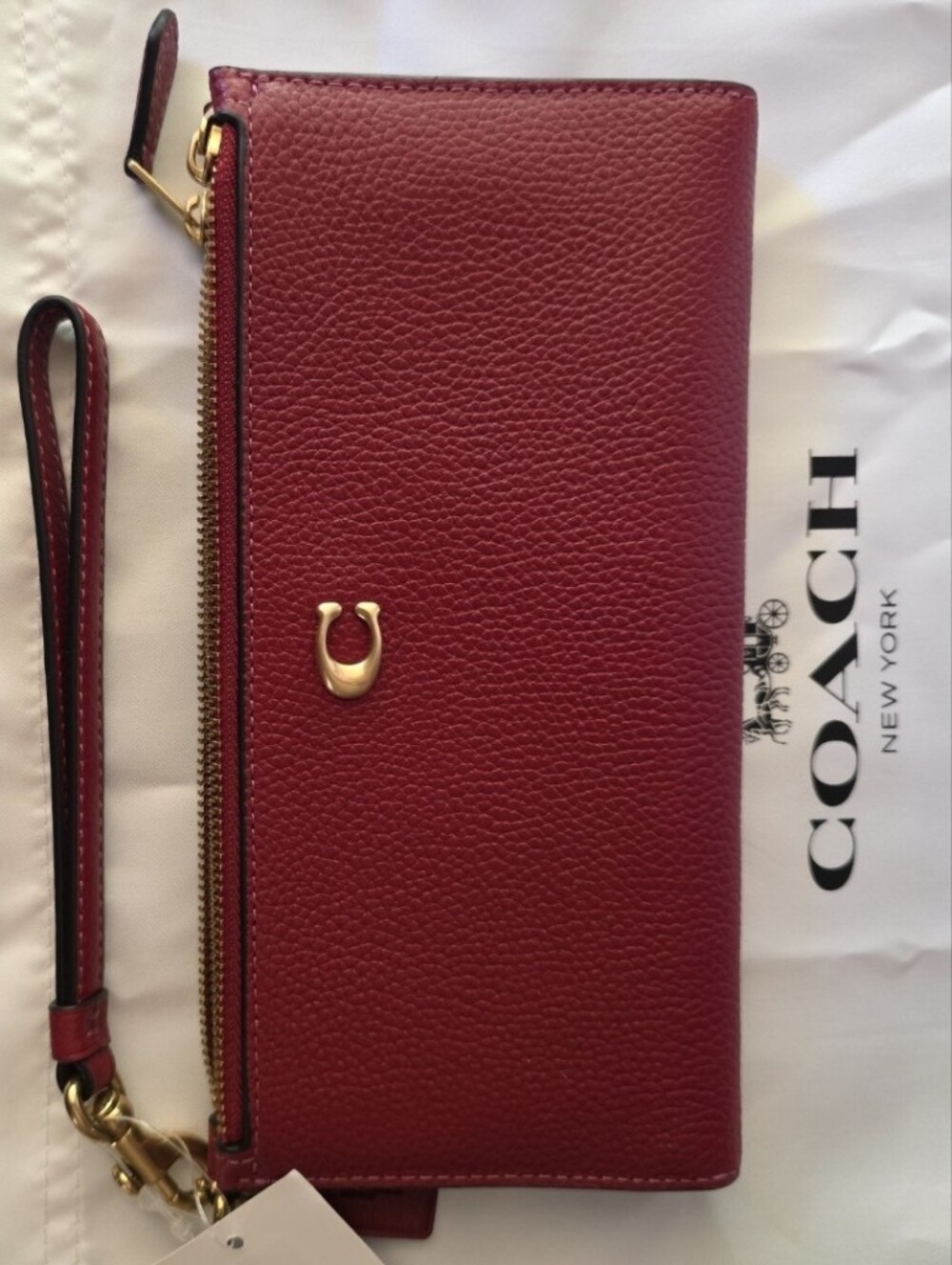 Coach Burgundy Pebbled Leather Wristlet with Gold C Hardware